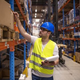 Professional warehouse worker in protective work wear holding checklist and checking inventory in storage room.